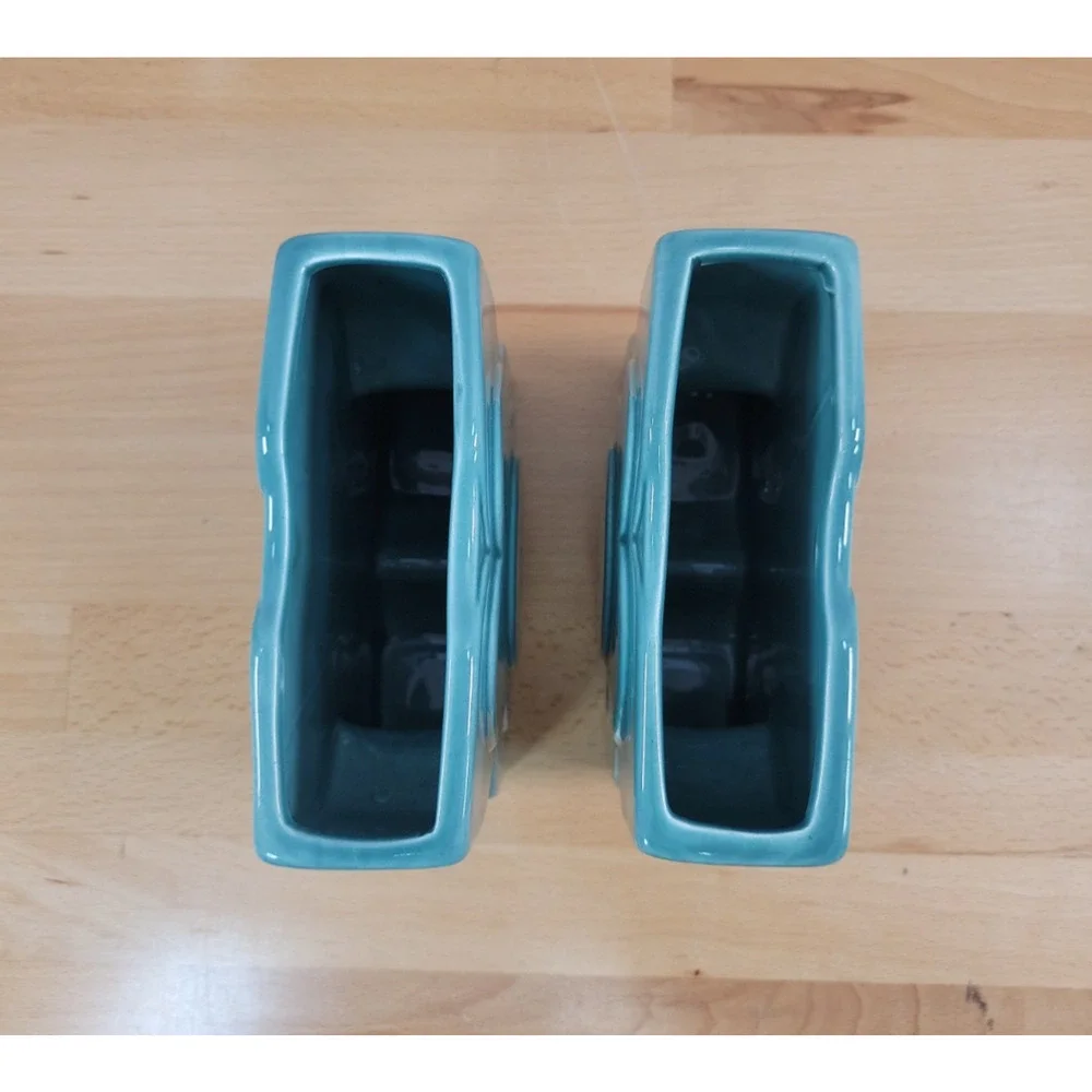 Pair Ceramic Vases Teal Blue Flower Pocket Planter 5” x 5” READ